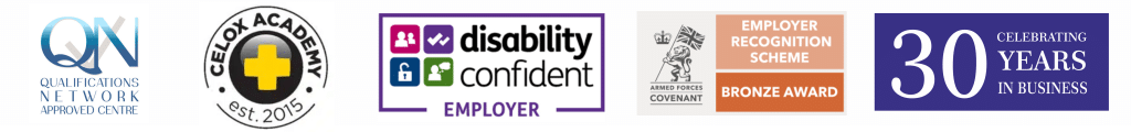 Qnuk Training Courses 2 QNUK , CELOX Academy Disability Confident , Armed Forces Covenant logos